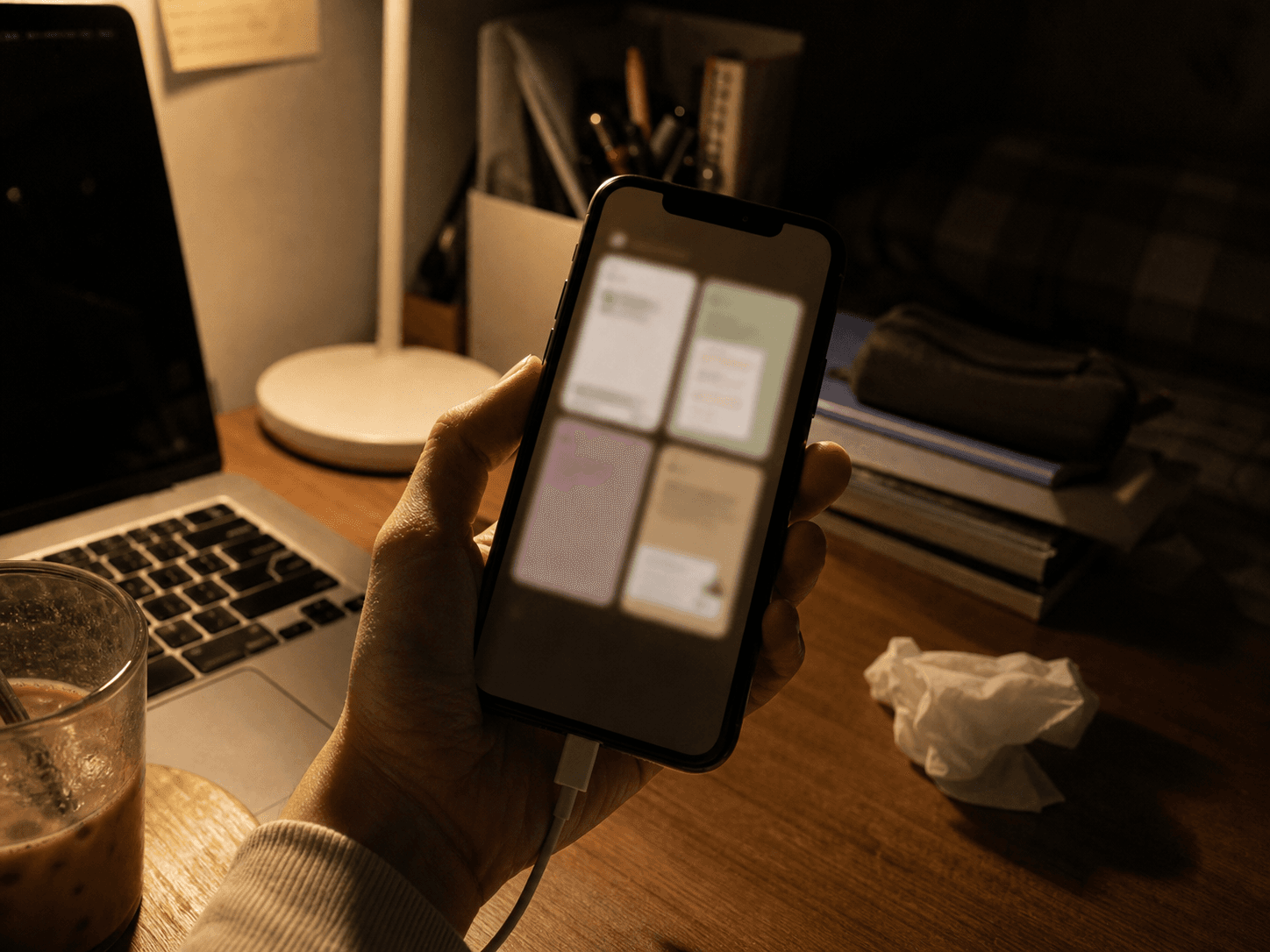 hand holding phone at messy desk